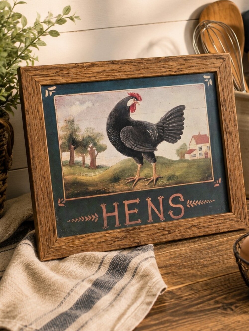 Vintage Farmhouse Chicken Wall Art Framed Hens Print Primitive Rustic Country
